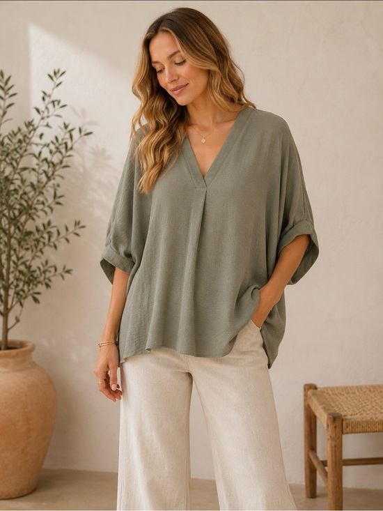 Zenana Outfitters Tops - Zenana Olive Green V-Neck Blouse L/XL Flowy Dolman Sleeve Lightweight Boho Top